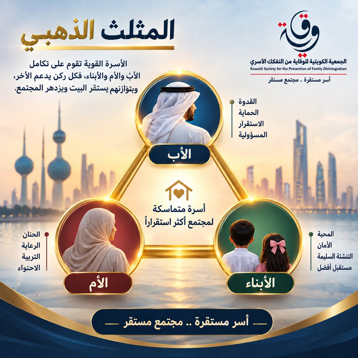 kspfd_'s tweet photo. المثلث الذهبي للأسرة

الأب… سند وأمان وقدوة.
الأم… رحمة واحتواء وتربية.
الأبناء… ثمرة العمر ومستقبل البيت والوطن.
هذا مو مجرد مثلث…
هذا شكل الأسرة لما تكون متماسكة.
إذا انكسر ضلع، تأثر الباقي.
وإذا دخل الخلاف بين الأب والأم، أول قلب يهتز غالبا هو قلب الطفل.

إحنا ما نبي أسرة بلا خلاف… لأن هذا غير واقعي.
إحنا نبي أسرة تعرف تختلف من غير ما تهدم، وتفترق - إن اضطرت - من غير ما تقطع الأبوة أو الأمومة أو صلة الرحم.
هدف الجمعية واضح وثابت: المحافظة على تماسك هذا المثلث، ولن نحيد عن هذا الهدف.

نحمي دور الأب.
نحفظ مكانة الأم.
ونضع مصلحة الأبناء فوق كل خلاف.
لأن الطفل ما يحتاج ينتصر أبوه على أمه…
ولا أمه على أبوه.
هو يحتاجهم الاثنين.

وكل بيت نحافظ على تماسكه اليوم…
نحمي به طفلا، ونحفظ به جيلا، ونصون به مستقبل الكويت.
المثلث الذهبي… إذا تماسكت أضلاعه، استقرت الأسرة.
وإذا استقرت الأسرة، استقر المجتمع.

@MOEKUWAIT
@KuwaitiCM
@Kuwaitmoj
@MOInformation
@mosa1_kw