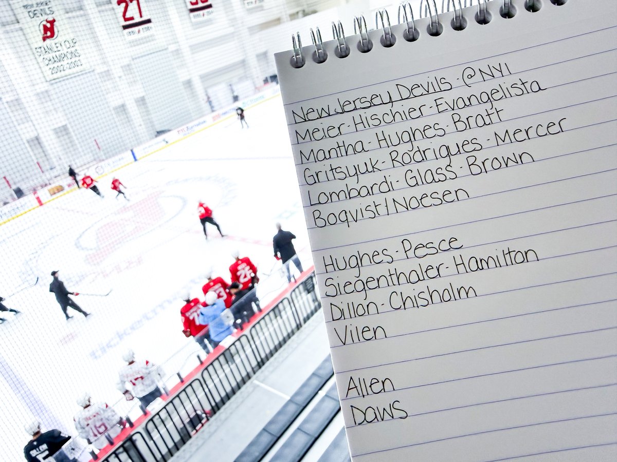 amandacstein's tweet photo. Based on AM skate, here's what you can expect from #NJDevils in their final preseason game. 

Lombardi will get a third chance to audition for an Opening Night roster spot. 

Noesen and Boqvist have already played their max two preseason games. 

Jake Allen to play full game. https://t.co/vCk8N9mnpy