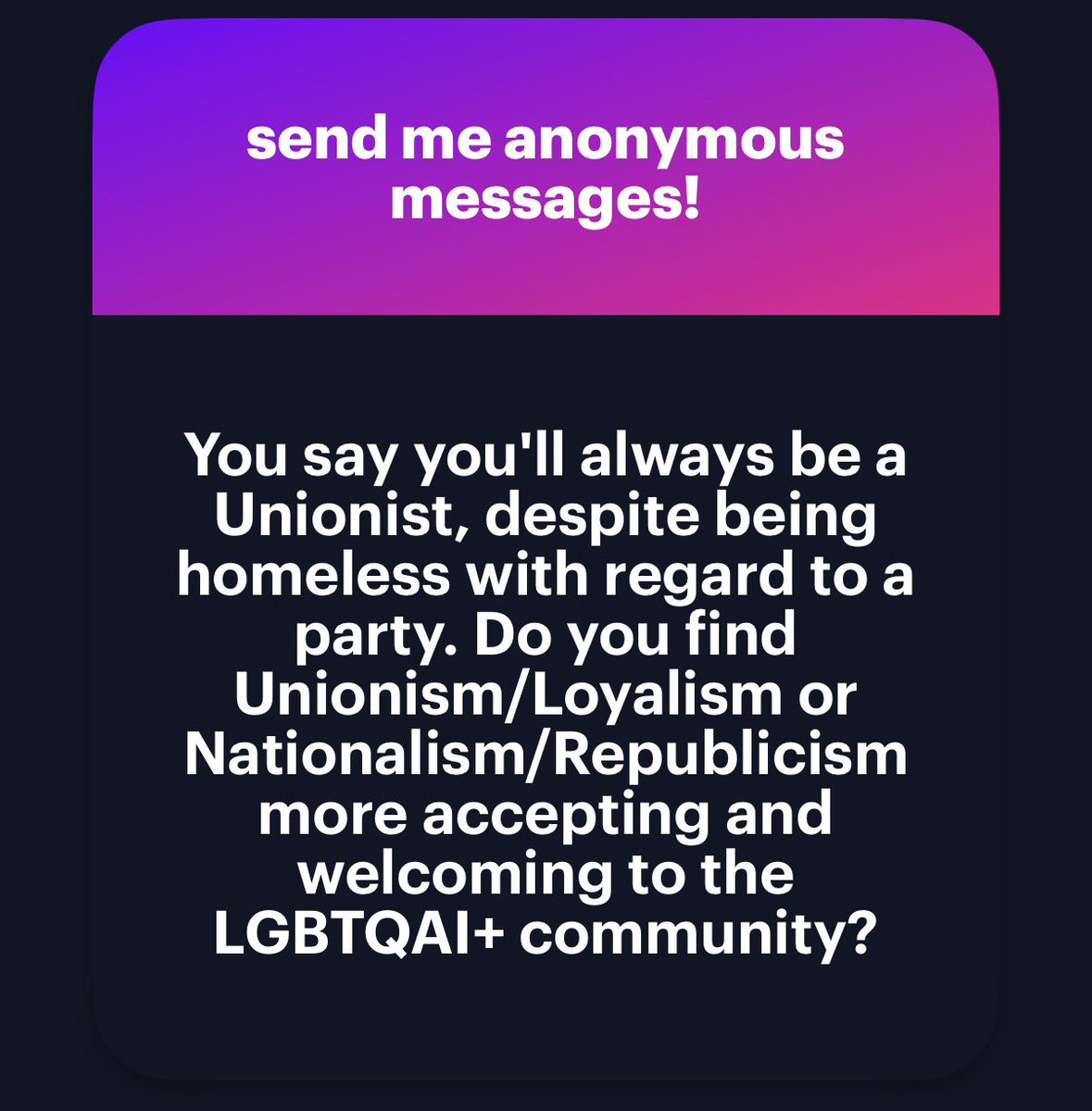IzzyIslander's tweet photo. I don’t think it’s black and white. I have found acceptance and abuse from both sides. I don’t really know what I am politically anymore, if there was a border poll tomorrow I can’t fully honestly say I’d vote against it. And another part of me wants to run away to Connaught. https://t.co/U9LxdSCgcV