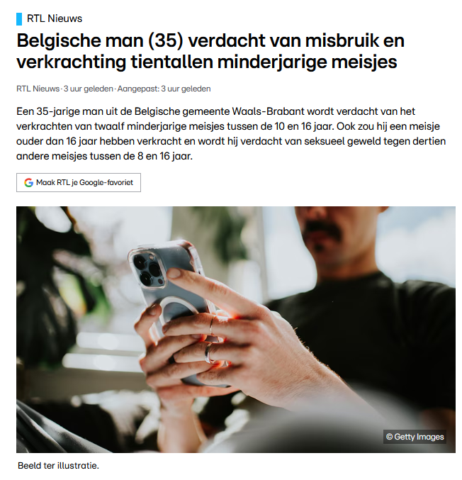Miss_Royal73's tweet photo. Een 35-jarige man uit de Belgische gemeente Waals-Brabant wordt verdacht van het #verkrachten van twaalf minderjarige meisjes tussen de 10 en 16 jaar. Ook zou hij een meisje ouder dan 16 jaar hebben verkracht en wordt hij verdacht van seksueel geweld tegen dertien andere meisjes tussen de 8 en 16 jaar. 

De man zou via #Snapchat, contact hebben gezocht met 26 slachtoffers. Zijn identiteit en leeftijd hield hij geheim. Met sommige slachtoffers sprak hij fysiek af.

De verdachte werd uiteindelijk door enkele ouders via Snapchat in de val gelokt. De ouders in kwestie antwoordden op een bericht op Snapchat van de verdachte, bedoeld voor hun dochter. Daarna gingen ze in plaats van hun kind zelf naar een fysieke afspraak met de man. De arrestatie van de man vond vorig jaar al plaats maar komt nu pas naar buiten.