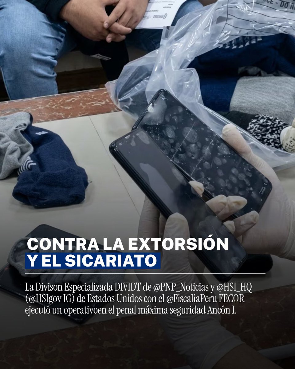 USEMBASSYPERU's tweet photo. 🇺🇸🇵🇪 Golpe contra la extorsión. 

La División de Investigación de Delitos Transnacionales (DIVIDT) de @Policia_Peruana y @HSI_HQ de Estados Unidos, en coordinación con la FECOR de @FiscaliaPeru, ejecutó un operativo en el penal de máxima seguridad Ancón I contra una organización criminal vinculada a extorsión, sicariato, lavado de activos y otros delitos.

Juntos estamos más seguros.