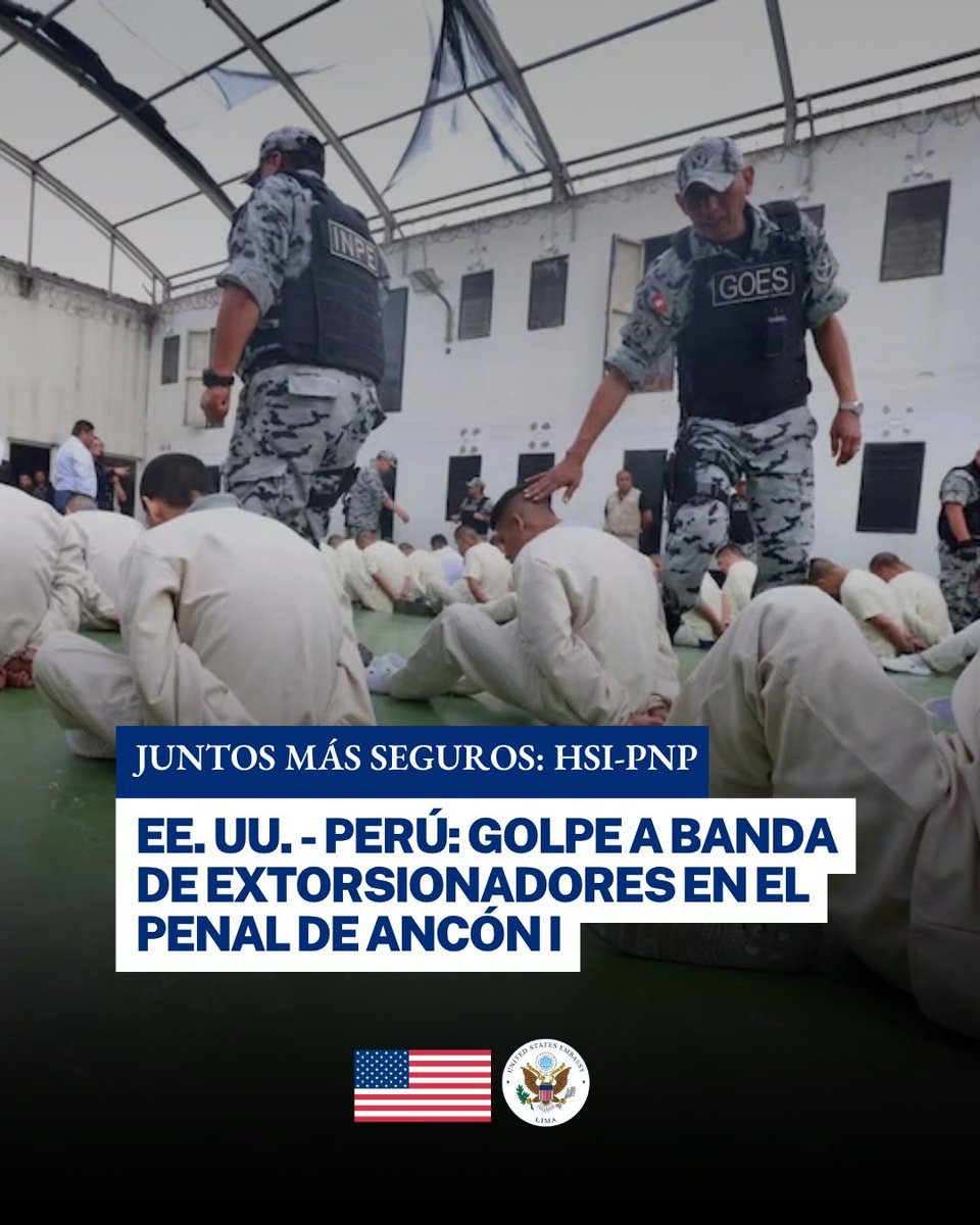 USEMBASSYPERU's tweet photo. 🇺🇸🇵🇪 Golpe contra la extorsión. 

La División de Investigación de Delitos Transnacionales (DIVIDT) de @Policia_Peruana y @HSI_HQ de Estados Unidos, en coordinación con la FECOR de @FiscaliaPeru, ejecutó un operativo en el penal de máxima seguridad Ancón I contra una organización criminal vinculada a extorsión, sicariato, lavado de activos y otros delitos.

Juntos estamos más seguros.