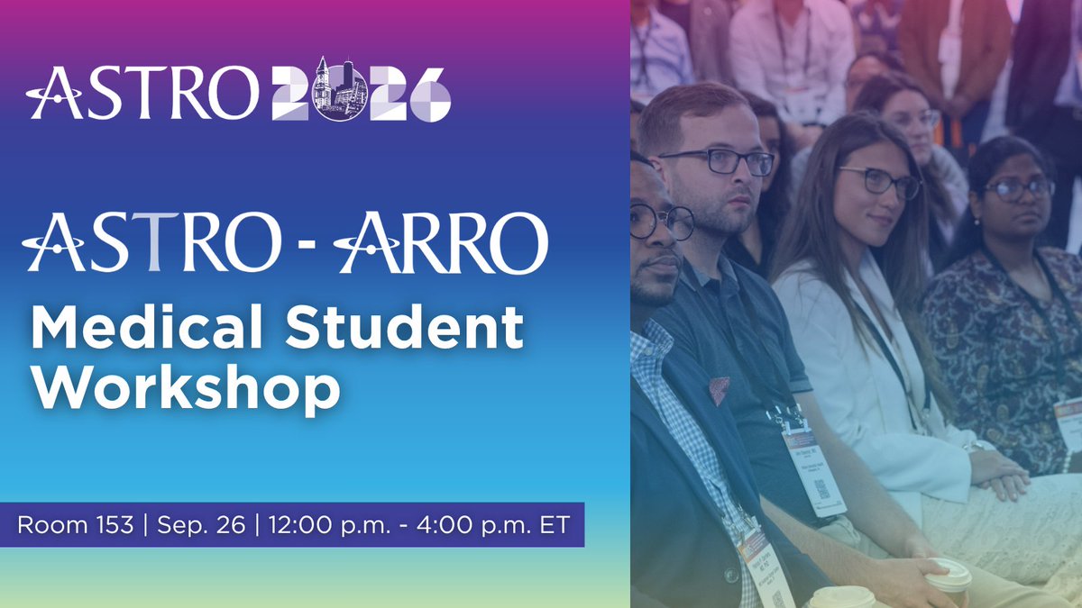 ASTRO_org's tweet photo. Are you a Medical Student attending #ASTRO26? Coming right up: Don't miss the ASTRO-ARRO Medical Student Workshop.
Room 153 | Sep. 26 | 12:00 p.m. - 4:00 p.m. ET
Open to all #medstudents attending the Annual Meeting, this workshop gives students the opportunity to discover what life is really like as a #radonc resident.
Learn more: https://t.co/jO7YWfYIYW
@ARRO_org @AMSANational @LmsaNational @SNMA