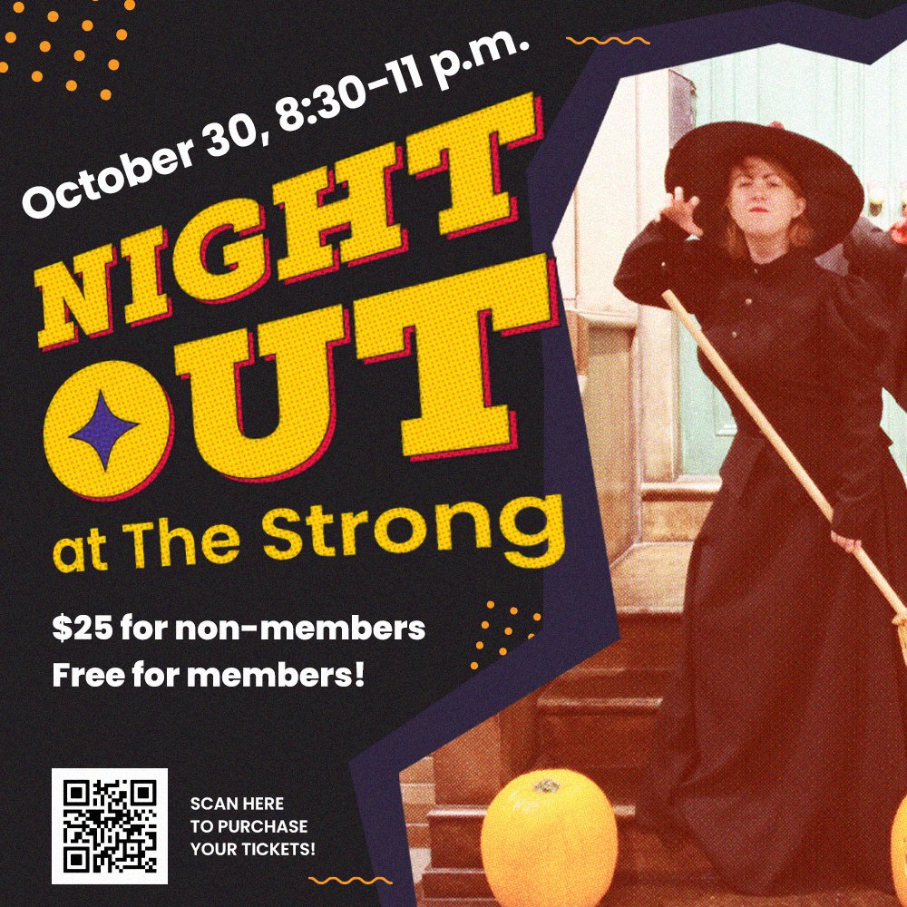 museumofplay's tweet photo. 🎃Experience The Strong’s first-ever 18+ Halloween party from 8:30–11 pm on Oct 30! Throw on your favorite costume, enjoy tricks and treats, and explore the museum after hours. Celebrate Halloween and experience the museum in a whole new way! 🎟️: https://t.co/10y8hCbh4s. https://t.co/arBi85CwON