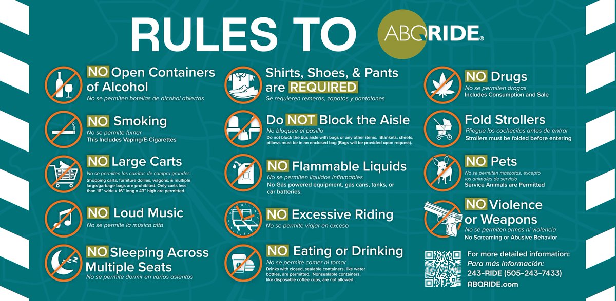 abqride's tweet photo. Zero fares ≠ zero rules.

To keep transit safe for everyone, please follow ABQ RIDE’s Rules to Ride.

Review them before your next trip:
https://t.co/JDLM6HyTG8

#ABQRide #OneABQ #RulesToRide #PublicTransit https://t.co/u9XWmiv1zk