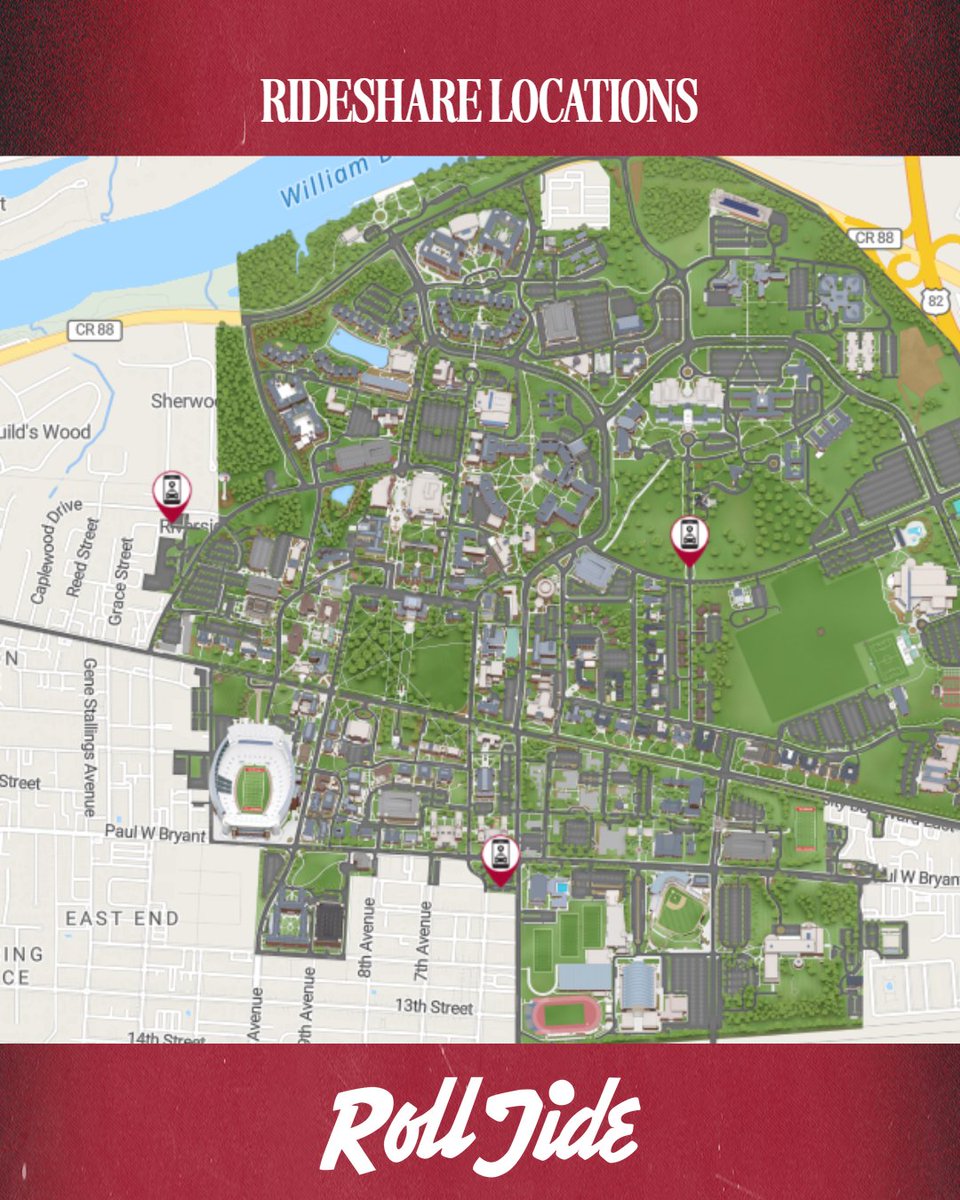 uagameday's tweet photo. Need a ride? 🚗 Rideshare options, including Uber and Lyft, are available at three designated locations around campus

⚠️ The Bryce rideshare location is pre-game only!

Find rideshare locations 👉 https://t.co/yRQ4rKm2dh

#RollTide #BamaGameday https://t.co/RvdeJdWkSb
