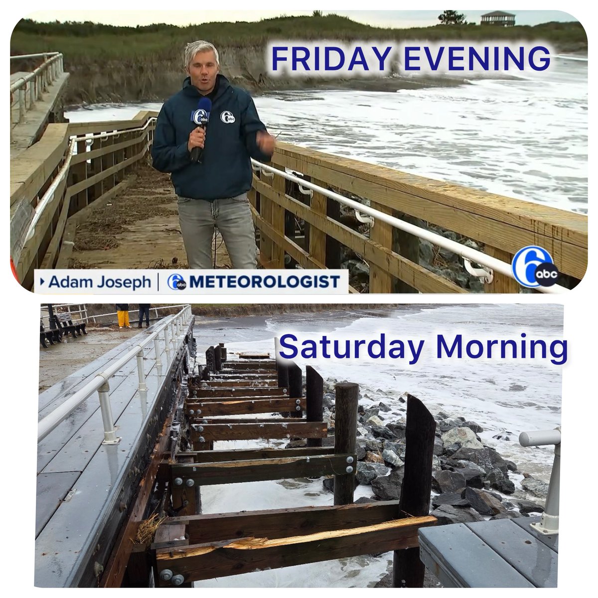 6abcadamjoseph's tweet photo. SHORE DAMAGE

Just one example behind the power of water. Side by side where I stood yesterday evening doing my live weather and what it looks like this morning

#dad #meteorologist #storm #noreaster https://t.co/4AnyviZCWC