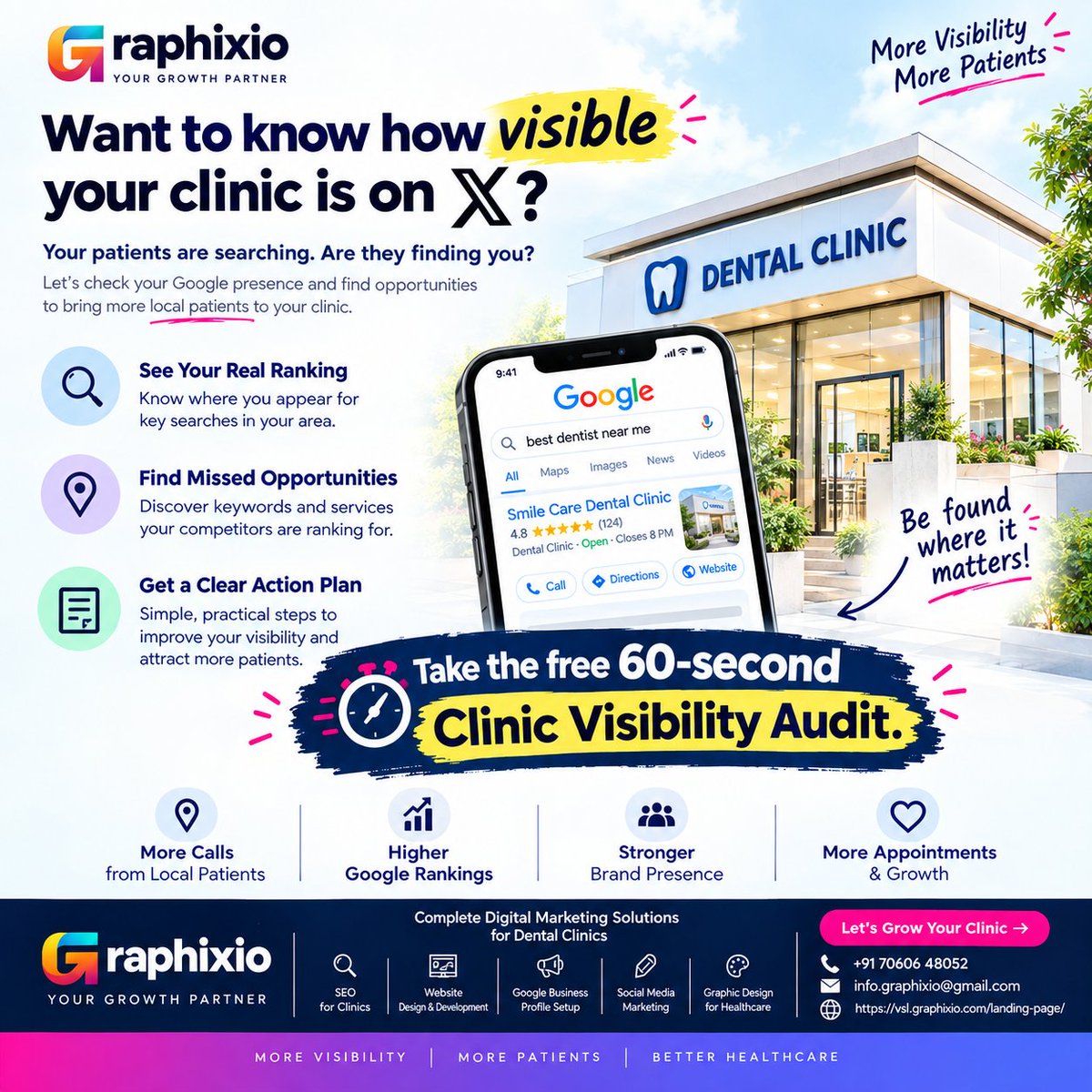 _Graphixio's tweet photo. 🔎 Is your clinic easy to find on  X ?
Your patients are searching—make sure they find you. 🏥
Get a free 60-second Clinic Visibility Audit and discover opportunities .
#Graphixio #ClinicMarketing #HealthcareMarketing #LocalSEO # X Ranking #DigitalMarketing #ClinicGrowth https://t.co/Gv2iBHeXe3