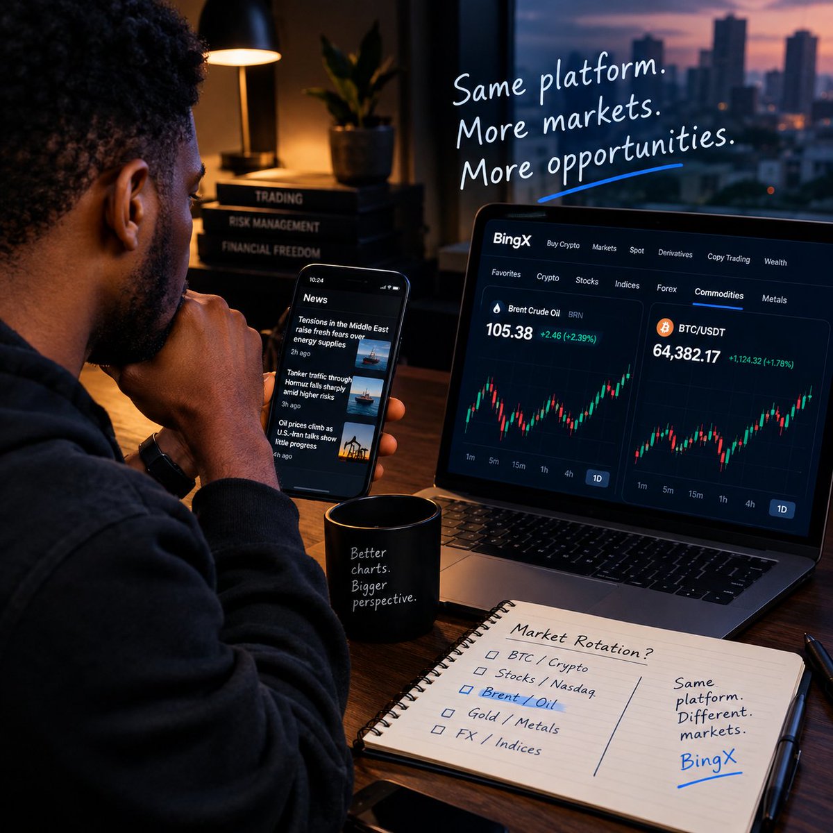 CollinTown92922's tweet photo. Brent around $105 has definitely changed my watchlist usually focused on BTC, ETH and indices, but with Hormuz, shipping risks and U.S.-Iran developments driving oil sentiment, I’m paying much closer attention to crude been checking Brent on BingX alongside my usual crypto charts https://t.co/gHBbmwaPZO