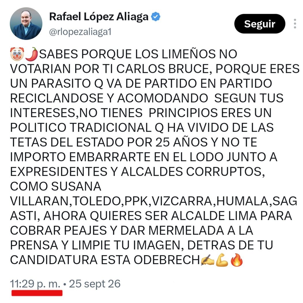 Carlos_Bruce's tweet photo. .@rlopezaliaga1, a esas horas todos sabemos cuál era tu estado etílico. Sé que estás viendo las encuestas y se confirma que el 75% no te quiere. Sabes bien que te gano. ¿Estás nerviosa Bebita? https://t.co/HrcO4W39u7