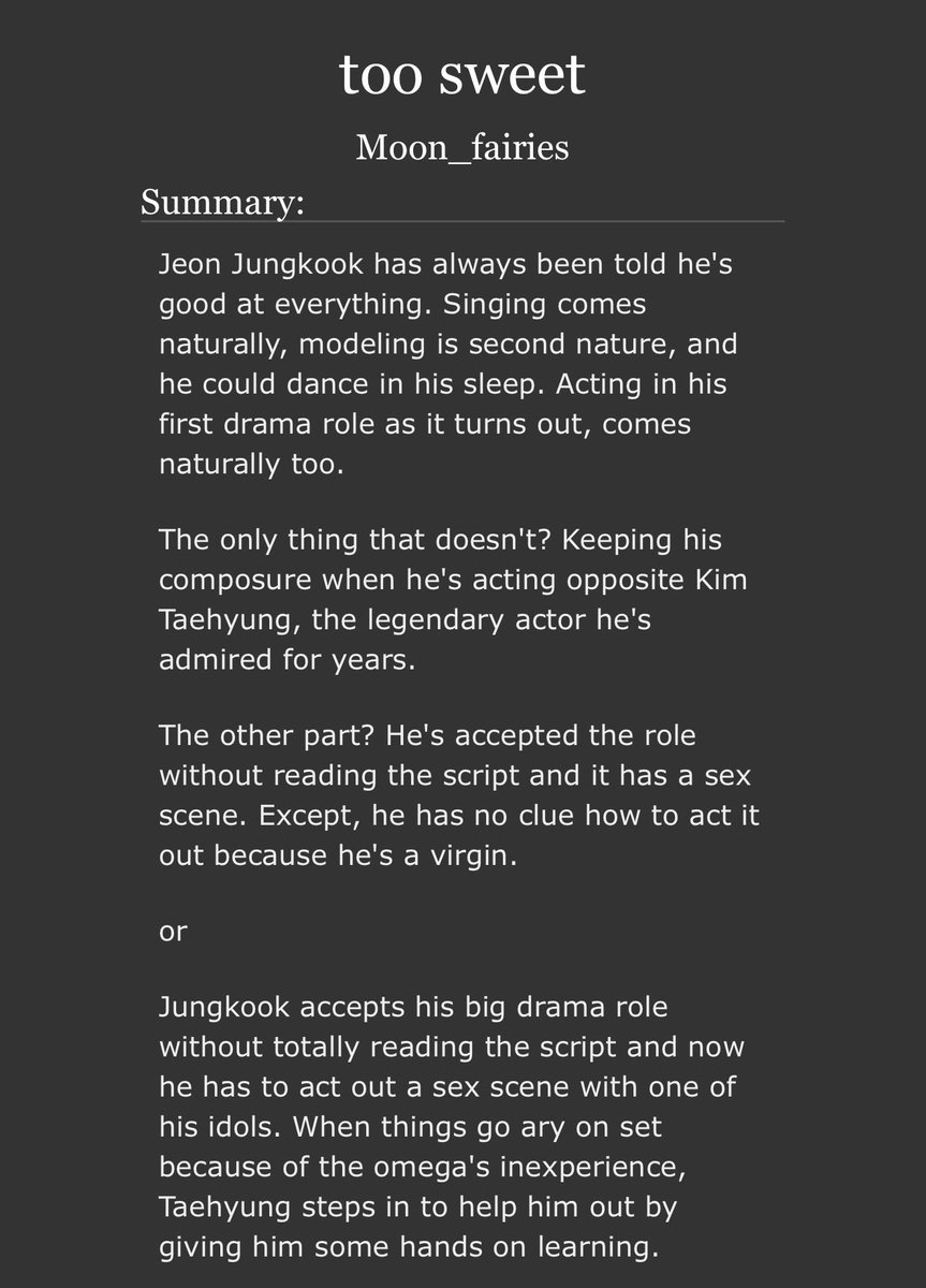 recacon's tweet photo. too sweet
By Moon_fairies

• taekook a/b/o
• alpha tae &amp; omega jk
• actor Tae &amp; idol jk
• 17k words
• so hot &amp; so sweet
• bp/intersex jk

🔗 https://t.co/52utimVtKl https://t.co/3QP8h3RqwT