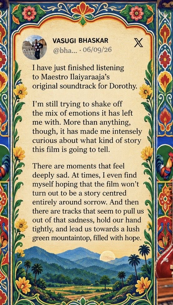bhaskarvasugi's tweet photo. I wrote this piece when the OST of Dorathy was released. After watching the film today, I realised that it carries exactly the emotions I felt while listening to the music, the story, the mood, and the soul of the film.

I don’t want to spoil the film. It’s a complete counter narrative, filled with layers of metaphors, and Karthik Subbaraj has handled them with remarkable finesse.

Maestro Ilaiyaraaja has given this work a level of honesty and integrity that simply cannot be surpassed.

A heartfelt thank you to @karthiksubbaraj and Maestro @ilaiyaraaja sir for this fantastic film.

Please don’t wait for the OTT release. Do watch it in theatres. This is an experience that deserves to be witnessed on the big screen.