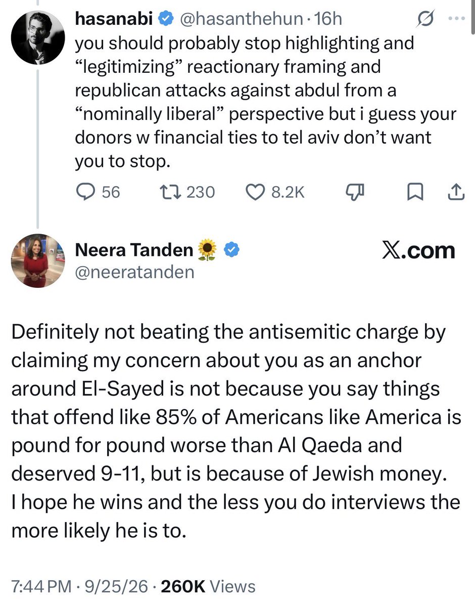 EliClifton's tweet photo. My 2026 bingo card didn’t include Neera Tanden endorsing the antisemitic dual loyalty trope equating donors with ties to Israel to “Jewish money” but here we are. 

Apparently half of Silicon Valley and all American weapons firms are now the collective Jew. 

Shocking antisemitism from someone who should know better.