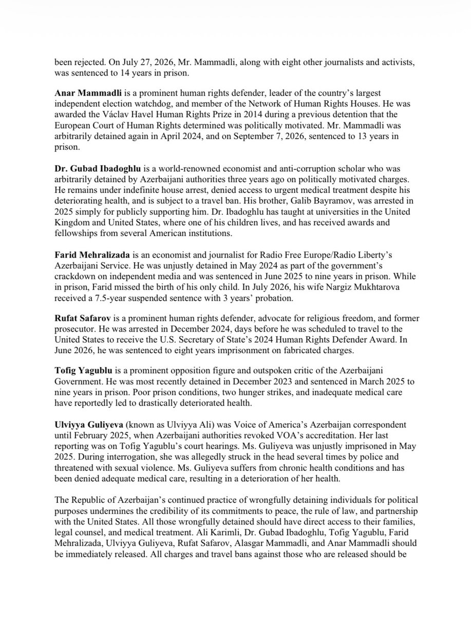 AliKarimli's tweet photo. A major bipartisan US Senate intervention: @SenPeterWelch, @SenThomTillis and @SenTimKaine urge @SecRubio to press Aliyev for the immediate release of Ali Karimli, Alasgar Mammadli, Anar Mammadli, Gubad Ibadoghlu, Farid Mehralizada, Rufat Safarov, Tofig Yagublu and Ulviyya Guliyeva, placing their release directly within the terms of the US–Azerbaijan strategic relationship.