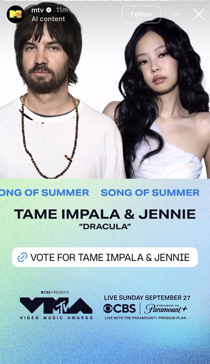 NEWSJENNlE's tweet photo. #JENNIE and Tame Impala have been nominated for ‘Song of Summer’ at the 2026 MTV #VMAs!

🗳️ Voting is officially open. Cast your vote for Jennie now!!!

• How to vote:

1. Go to MTV’s Instagram Story and find the slide featuring Jennie.

2. Tap the link provided in the story.

3. Once you see "Your vote has been counted...", you're all set!

4. Exit and repeat step 2 to keep voting!

⏰ Deadline: 24 hours (from now until 12 AM KST, September 27)