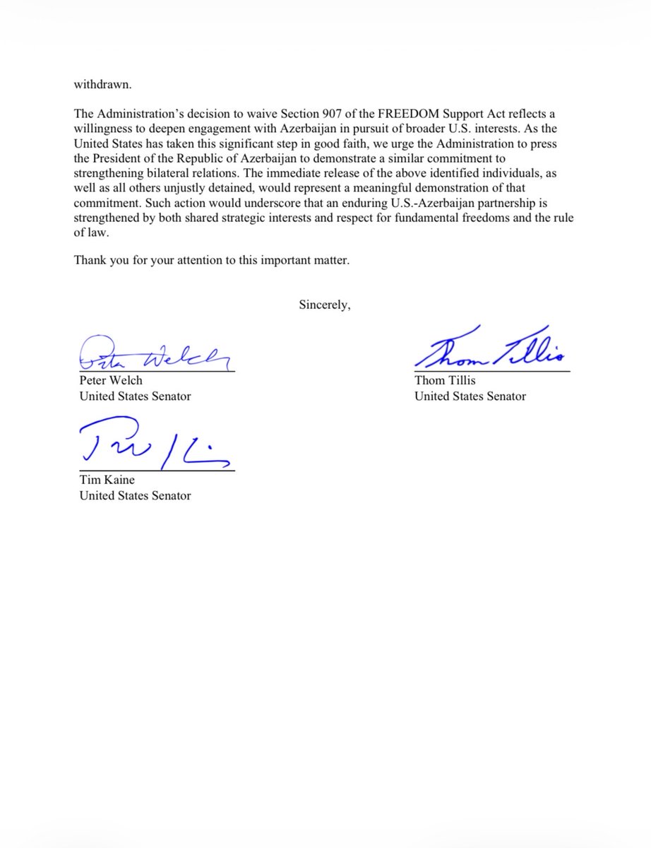 AliKarimli's tweet photo. A major bipartisan US Senate intervention: @SenPeterWelch, @SenThomTillis and @SenTimKaine urge @SecRubio to press Aliyev for the immediate release of Ali Karimli, Alasgar Mammadli, Anar Mammadli, Gubad Ibadoghlu, Farid Mehralizada, Rufat Safarov, Tofig Yagublu and Ulviyya Guliyeva, placing their release directly within the terms of the US–Azerbaijan strategic relationship.