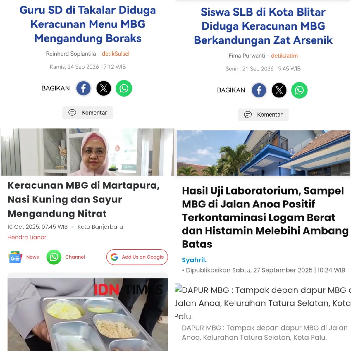 Dospemz's tweet photo. Daftar unsur kimia dalam tabel periodik yang ditemukan di MBG:

Arsenik — As (33)
Boraks — B (5), Na (11), O (8), H (1)
Nitrat — N (7), O (8)
Histamin — C (6), H (1), N (7)
Kadmium — Cd (48)
Timah — Sn (50)
Antimon — Sb (51)
Merkuri — Hg (80)
Timbal — Pb (82)

Dikit lagi bingo https://t.co/5AqPFxOZ1C
