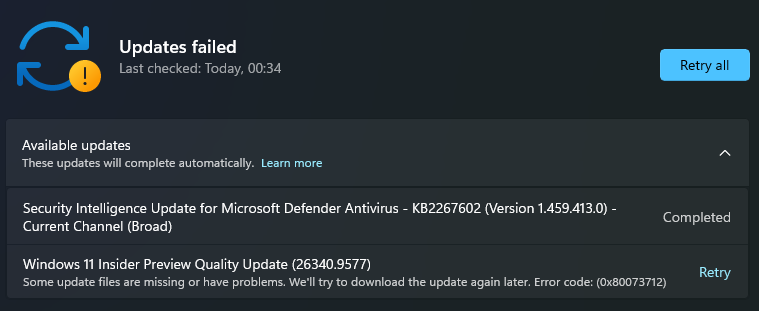 Maxicosm's tweet photo. @jellekok86 @windowsinsider Hmm, I'm having the same problem. And my friend is experiencing the same error.
It appears that `dism.exe /online /cleanup-image /restorehealth` also fails with error 0x800f0915.

In my case, I'm wondering if the file got corrupted because I put my computer to sleep... https://t.co/HynAf4imQg