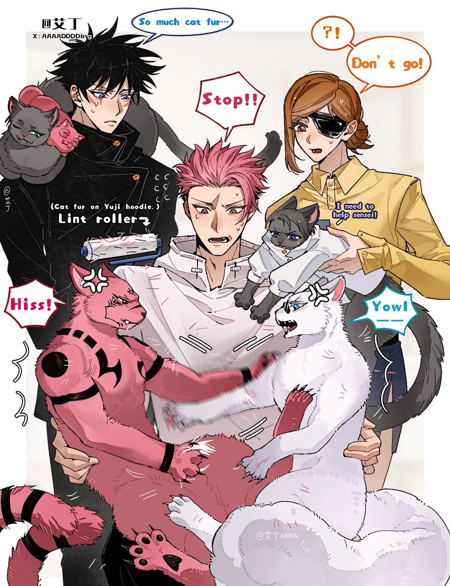 AAAADDDDing's tweet photo. JJK Cat Café 19.0. Haven’t drawn their fight scenes in two months — I missed this.😋#jujutsukaisen #jjk https://t.co/HvljP04cuP
