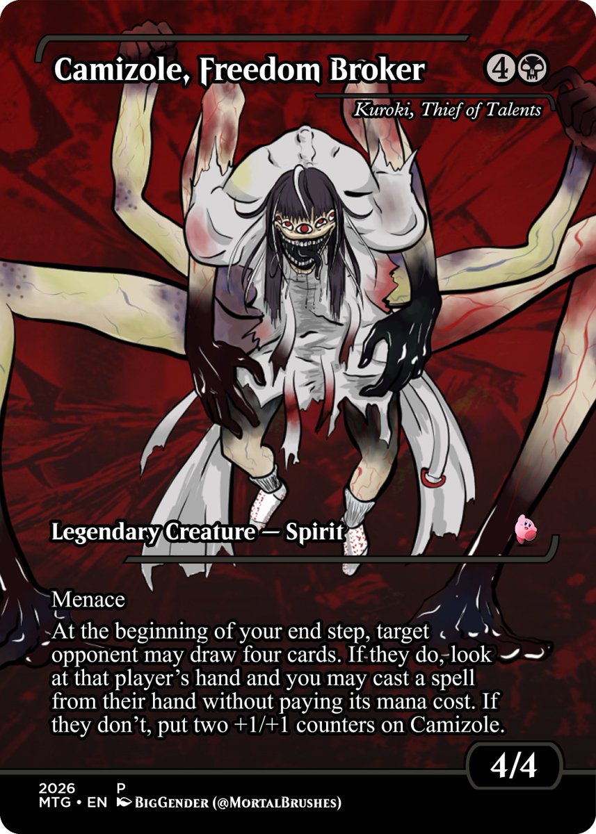 Kyubikirby's tweet photo. Today's card is for the amazing @CamizoleVT and is of Kuroki, Thief of Talents from Mystery Booster Commander! will your opponent make the deal for some cards? you only get to cast one of them , surely its a fine deal. amazing art by @MortalBrushes 

#CamizArt
#MtVtuber https://t.co/plRwYSojv3