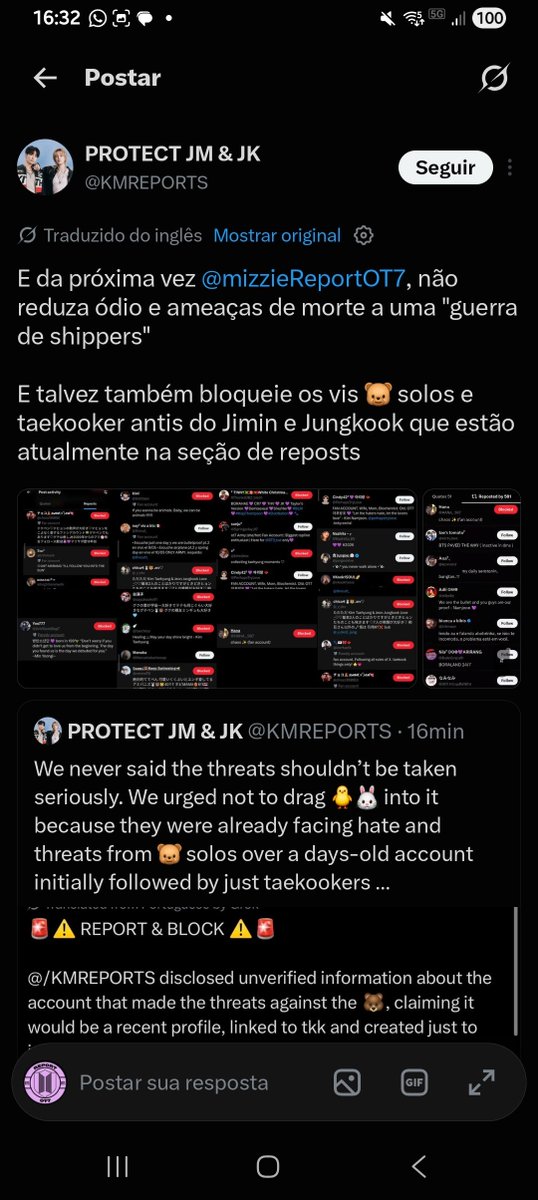 mizzieReportOT7's tweet photo. Oi @KMREPORTS . Se RT provasse alguma coisa saiba que até a Keira dá RT na sua conta — e todo mundo sabe do histórico dela contra o 🐻.

Mesmo sendo um perfil que não reportar sobre o 🐻 seria bom dar block em grandes antis dele, né?

Pelo seu perfil ser focado nos 🐰🐥 e ser bem mais antigo, é natural que você tenha mais bloqueios em antis deles do que eu, já que a minha conta é recente e focada nos 7. Infelizmente, na rotina de uma conta OT7, isso é comum: se eu defender o 🐻, vão aparecer antis do 🐥; se eu defender o 🐥, vão aparecer antis do 🐻.

Em momento algum entrei nisso por briga de shipper, até porque não acredito em nenhum.

Mas se pegarmos um post de grande alcance seu defendendo os 🐰🐥, também vão ter haters dos outros membros e do 🐻 nos quotes e RTs. Já disseram inclusive que a sua conta não reporta certas fbs jkk, mesmo quando elas trazem hate pra seus favs.

Eu entrei nessa situação para defender o 🐻  sobre ameaças graves, exatamente da mesma forma que já me posicionei antes para defender o 🐥, quando estavam atacando ele e defendendo o imitador sanguessuga dele.

Se a conta que fez ameaças ao 🐻 for séria ou não, não vale espalhar por aí que foi por causa de ships a ponto de até grandes haters do 🐻 darem RT.

Você não deveria n ter falado sobre, só atraiu hater nele.

Porque minha querida se olhar a sua conta, vão ter várias antis dele lá sim.