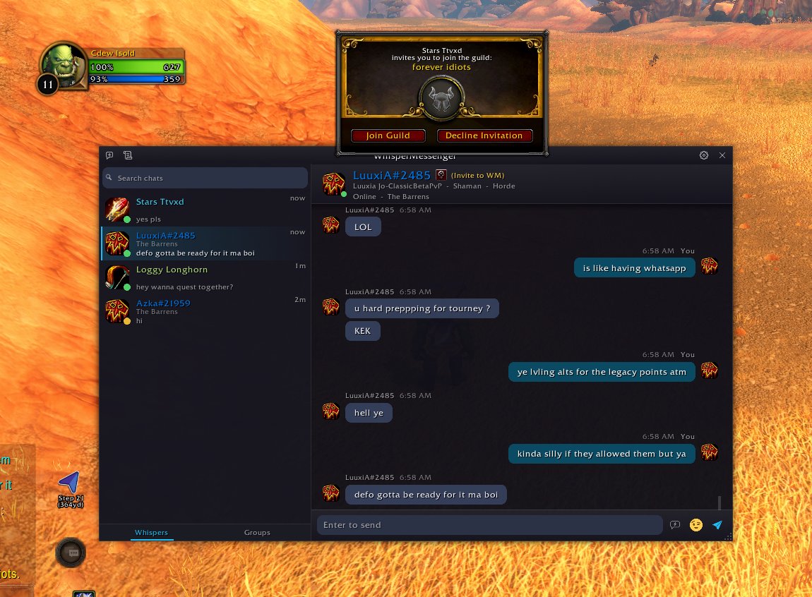 Hozitojones's tweet photo. We got What's app in wow now 🤣

The addon is called: Whispermessanger https://t.co/WqxbmXPQiz