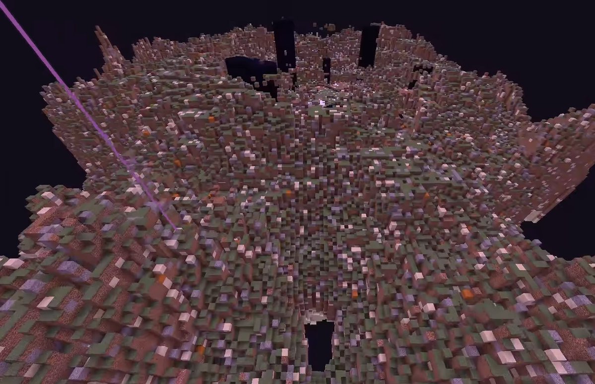 RealmNews247's tweet photo. This is one of the coolest experiments I have seen. 

Minecraft beats Minecraft. 

It took 2 billion simulated years for it to beat itself and the journey is amazing!

The amount of blocks Endermen moved over the millennia transformed then entire Overworld and the End dimesion. https://t.co/TlmflLig4t