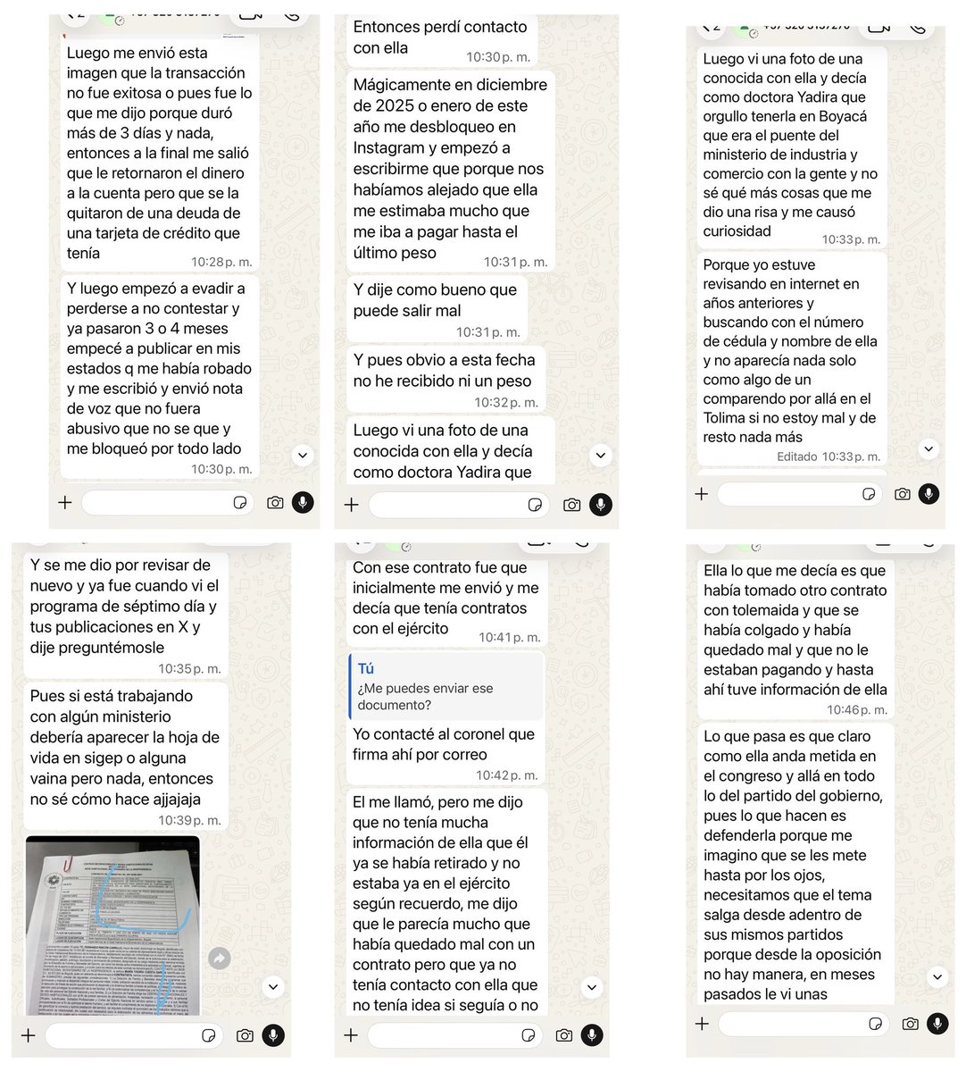 SARGENTOCHALA's tweet photo. 18 demandas, un proceso en la Fiscalía y fotos en el Congreso: ¿Quién protege a María Yadira Cuesta?

El pasado 13 de julio publiqué una denuncia titulada "El millonario carrusel de estafas que azota al Ejército Nacional".

En esa publicación expongo cómo una mujer, identificada como María Yadira Cuesta García, al parecer ha estado estafando a personal uniformado del @COL_EJERCITO. Lo alarmante es que continúria haciéndolo a pesar de contar con un robusto prontuario judicial que acumula cerca de 18 demandas civiles y un proceso formal en curso en la Fiscalía 60 Especializada en Delitos contra la Fe Pública por los delitos de estafa y captación masiva e ilegal de dinero.

Desde el año 2018, esta mujer se estaría presentando falsamente como una próspera empresaria del sector ganadero. Su estrategia criminal para engañar a oficiales, suboficiales y personal civil.

1. La carnada: Convence a las víctimas de entregar altas sumas de dinero para supuestas inversiones con la promesa de jugosas ganancias.

2. El anzuelo: Inicialmente les devuelve un porcentaje de las "utilidades" para generar confianza y lograr que inviertan sumas mucho mayores.

3. La desaparición y la amenaza: Una vez recibe el grueso del capital, corta comunicación. Quienes le reclaman terminan amenazados.

Hoy me escribió un nuevo denunciante a quien esta persona le habría robado 12 millones de pesos. Lo que más sorprende es que la señora se pavonea en el Congreso como si nada: se toma fotos con senadores de partidos políticos como Salvación Nacional y el Centro Democrático, y, según el denunciante, manifiesta ser el puente con el Ministerio de Comercio, Industria y Turismo, además de ser muy cercana a @ABDELAESPRIELLA.

Ante esto, surge una pregunta inevitable: ¿por qué no avanzan los procesos en su contra? ¿Acaso quienes la rodean conocen perfectamente su actuar delictivo? Si lo saben y guardan silencio, ¿se convierten también en cómplices de las estafas de esta mujer?

La justicia no puede seguir ciega ni sorda ante las evidencias. Los entes de control deben actuar con prontitud, @FiscaliaCol.