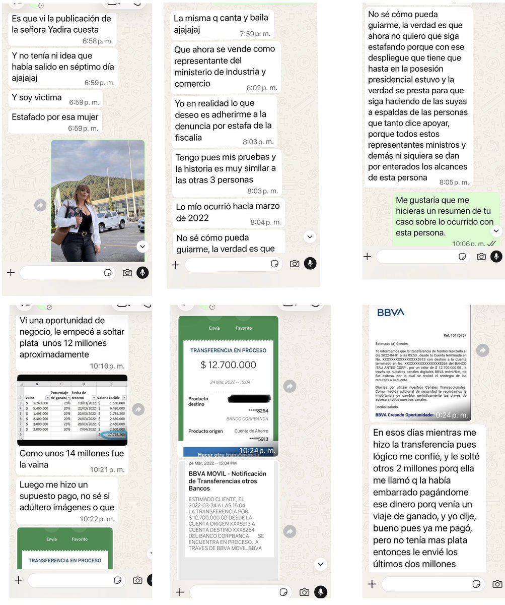SARGENTOCHALA's tweet photo. 18 demandas, un proceso en la Fiscalía y fotos en el Congreso: ¿Quién protege a María Yadira Cuesta?

El pasado 13 de julio publiqué una denuncia titulada "El millonario carrusel de estafas que azota al Ejército Nacional".

En esa publicación expongo cómo una mujer, identificada como María Yadira Cuesta García, al parecer ha estado estafando a personal uniformado del @COL_EJERCITO. Lo alarmante es que continúria haciéndolo a pesar de contar con un robusto prontuario judicial que acumula cerca de 18 demandas civiles y un proceso formal en curso en la Fiscalía 60 Especializada en Delitos contra la Fe Pública por los delitos de estafa y captación masiva e ilegal de dinero.

Desde el año 2018, esta mujer se estaría presentando falsamente como una próspera empresaria del sector ganadero. Su estrategia criminal para engañar a oficiales, suboficiales y personal civil.

1. La carnada: Convence a las víctimas de entregar altas sumas de dinero para supuestas inversiones con la promesa de jugosas ganancias.

2. El anzuelo: Inicialmente les devuelve un porcentaje de las "utilidades" para generar confianza y lograr que inviertan sumas mucho mayores.

3. La desaparición y la amenaza: Una vez recibe el grueso del capital, corta comunicación. Quienes le reclaman terminan amenazados.

Hoy me escribió un nuevo denunciante a quien esta persona le habría robado 12 millones de pesos. Lo que más sorprende es que la señora se pavonea en el Congreso como si nada: se toma fotos con senadores de partidos políticos como Salvación Nacional y el Centro Democrático, y, según el denunciante, manifiesta ser el puente con el Ministerio de Comercio, Industria y Turismo, además de ser muy cercana a @ABDELAESPRIELLA.

Ante esto, surge una pregunta inevitable: ¿por qué no avanzan los procesos en su contra? ¿Acaso quienes la rodean conocen perfectamente su actuar delictivo? Si lo saben y guardan silencio, ¿se convierten también en cómplices de las estafas de esta mujer?

La justicia no puede seguir ciega ni sorda ante las evidencias. Los entes de control deben actuar con prontitud, @FiscaliaCol.