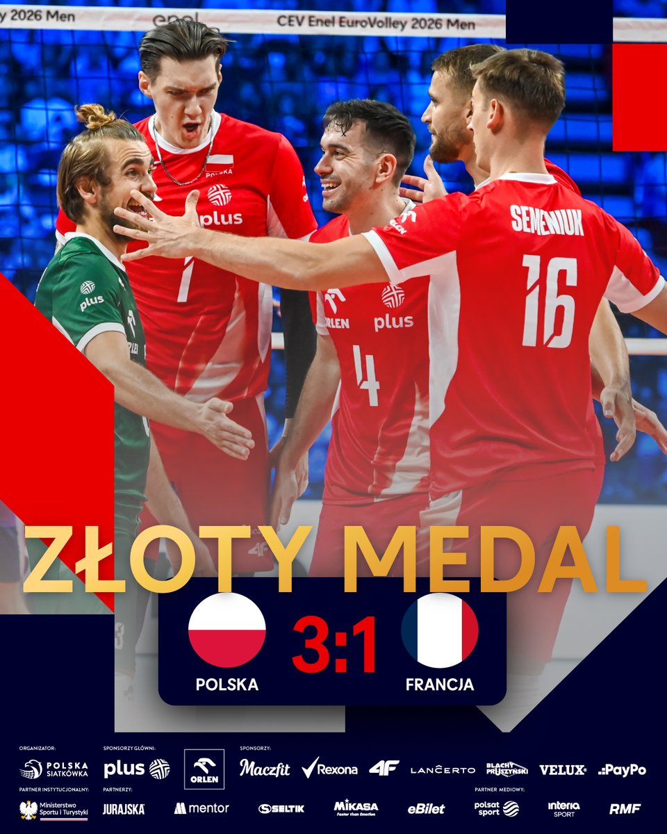 PolskaSiatkowka's tweet photo. 🏆 𝗣𝗢𝗟𝗦𝗞𝗔 𝗠𝗜𝗦𝗧𝗥𝗭𝗘𝗠 𝗘𝗨𝗥𝗢𝗣𝗬🏆 

Biało-Czerwoni zdobywajązłoty medal #EuroVolleyM po znakomitym finale, ale to nie wszystko… reprezentacja Polski jużteraz może cieszyćsięz kwalifikacji olimpijskiej 🥇 
 
Dziękujemy Panowie za piękne zakończenie tego sezonu, każdy mecz, wszystkie zdobyte punkty oraz ogrom emocji 🤍❤️
 
Polska-Francja 3️⃣:1️⃣ (31-29; 25-19; 20-25; 25-16)
 
#polskasiatkówka #reprezentacjapolski #TeamPoland #mistrzostwaeuropy #tworzymypolskisport #Orlen #Plus