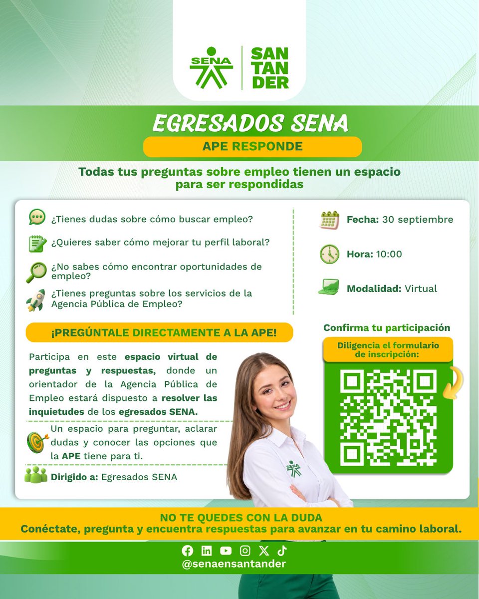 senaensantander's tweet photo. 💼 ¡Impulsa tu futuro laboral! Conéctate a la asesoría virtual de la Agencia Pública de Empleo del SENA Santander y recibe orientación para mejorar tu perfil y usar las plataformas de empleo. 💻✨
#SENASantander #Empleabilidad https://t.co/MwVXpXFeYe