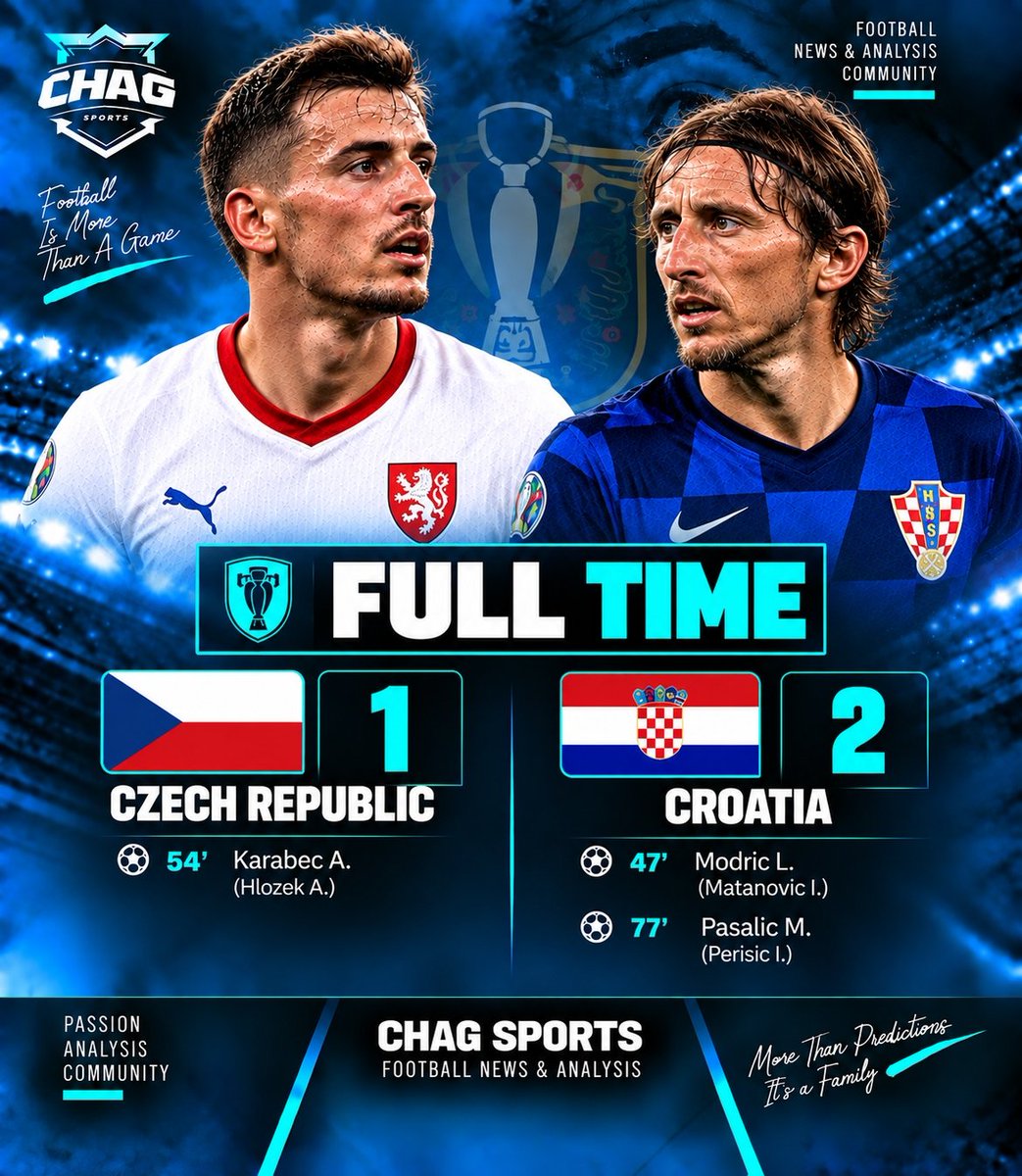 Chagsports24's tweet photo. 🏁 FULL-TIME: CZECH REPUBLIC 1–2 CROATIA 🇭🇷

Croatia strike first through Luka Modrić in the 47th minute, but the Czech Republic quickly responded through Adam Karabec in the 54th.

Just when the game looked balanced, Mario Pašalić delivered the decisive moment in the 77th minute to secure a 2–1 victory for Croatia. ⚽🔥

Croatia take all three points in a dramatic finish.

#ChagSports #CZECRO #Croatia #CzechRepublic #FullTime #FootballNews #MatchResult