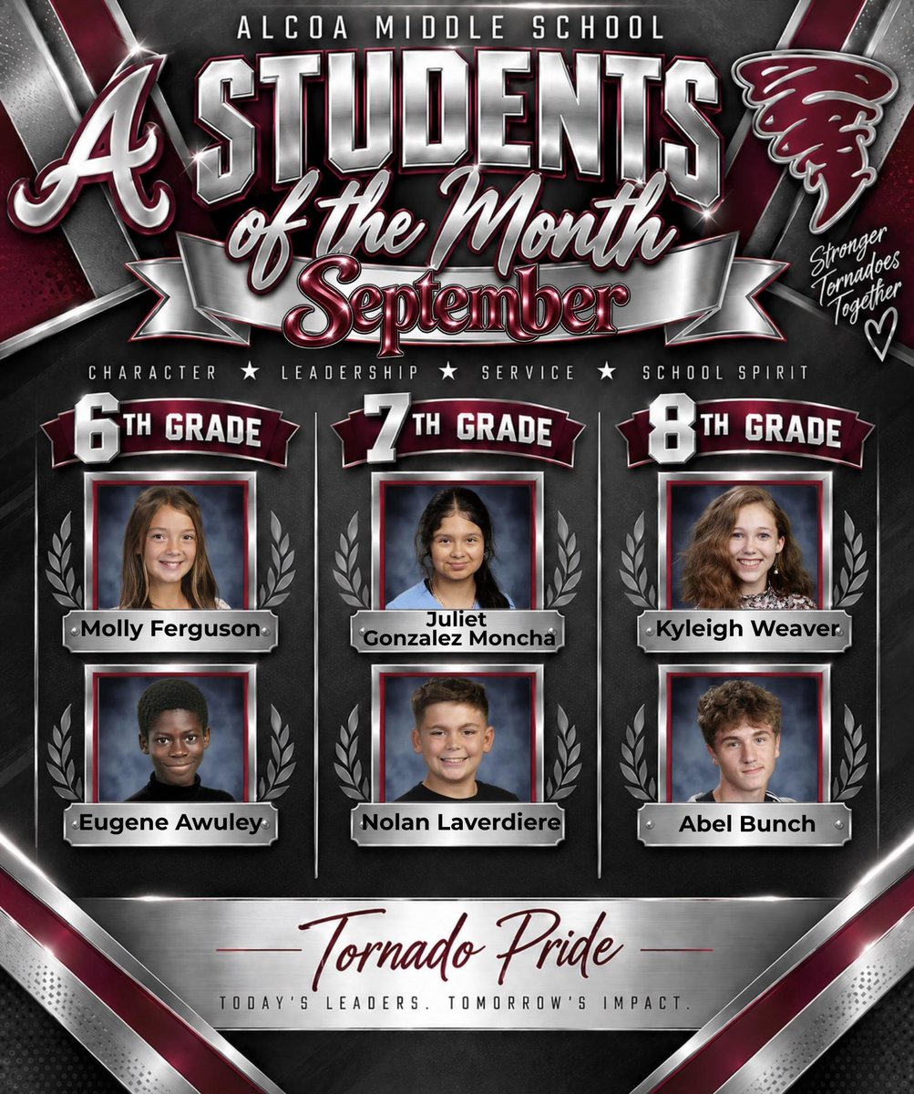 AlcoaMiddle's tweet photo. 🌟🏆 SEPTEMBER STUDENTS OF THE MONTH! 🏆🌟

Alcoa Middle School is excited to recognize our September Students of the Month! 🖤🌪️

These outstanding Tornadoes have started the school year strong by demonstrating hard work, positive attitudes, kindness, an https://t.co/wH8PtHEgQ7