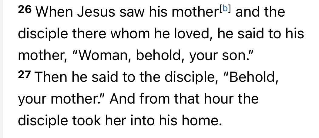 Horse_Thursday's tweet photo. @Guy12Footb48804 @Lazarus55358161 @LizzieMarbach @JTJosephauthor He gave her as Mother to the disciple whom He loved, which is to say, all disciples https://t.co/hxZmKigaNw