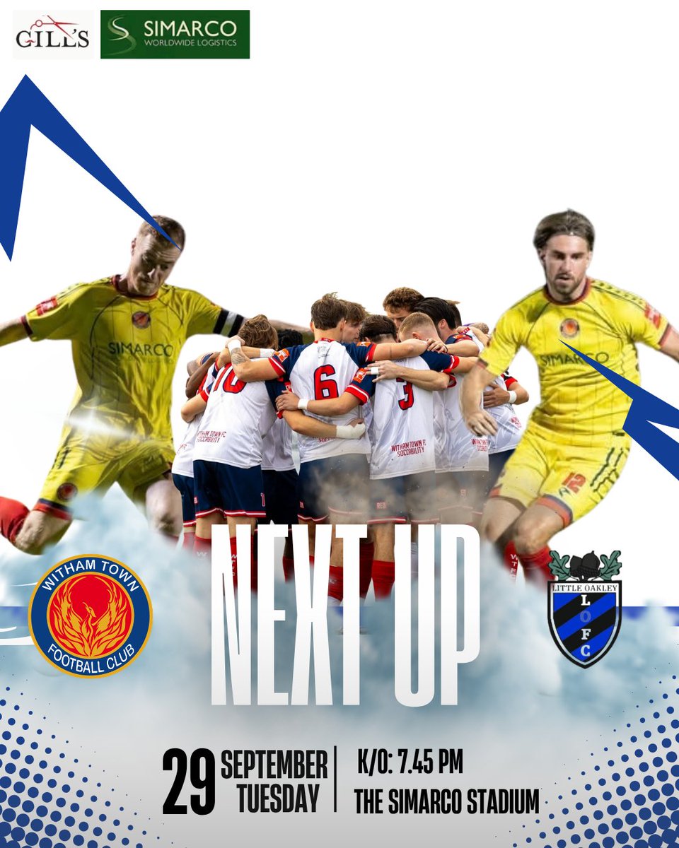 Withamtownfc's tweet photo. Next Up!

We are at home to Little Oakley in the Velocity Cup 1st Round at 19:45pm. https://t.co/imA719gv91
