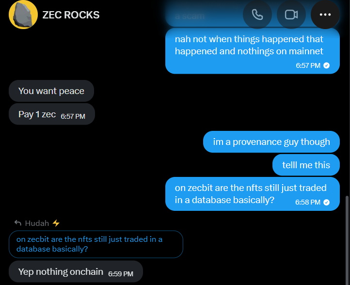 Mindmaxxing's tweet photo. Just to be clear everyone - this rock project on the @Zcashrocks marketplace is 100% a scam.

"There is no nft on zcash"
"Yep nothing onchain"

There are no "fake" sales.

These rock jpegs are in a database that can all be modified.

He can take your "NFTs", assign them to himself, sell them. He can literally do anything he wants lol.

I know this because he did this with a rock I owned. It somehow disappeared from my account and then was sold. You own nothing onchain and in your wallet.

Also have a friend whose rocks were sold on this marketplace but never received any payment.

He's trying to scam as long as he can, so you'll keep seeing tweets like his below (something broken. now something fixed.)

In fact, his marketplace and the rocks on ZecBit are the same rock jpegs, just a duplicate database of owners. There are no NFTs.

I think most or all of the zcash NFT stuff is a scam.

@BITFOOTS_ are the only ones I am sure are at least legit and good guys.

I'm giving @zec_bit the benefit of the doubt for now because they appear to be trying. They just may not have the best people skills.

I also like @zksnarks_ fwiw. They still are just jpegs on a database, but they also never called them NFTs.

TLDR - At the very least, don't touch the rocks on the ZecRocks marketplace. It is definitely a scam.