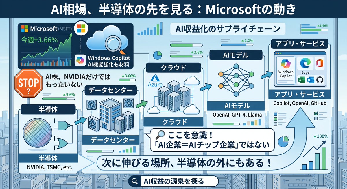 eringeorgeee's tweet photo. AI株を見る時、
NVIDIAだけ見ていると少しもったいない。
今週のMicrosoft株は+3.66%。

AI関連株が買われる中で、
MicrosoftのAI機能強化も材料になった。

ここで覚えておきたいのが
「AI企業＝AIチップ企業」ではないこと。
AIの収益化には、

半導体
↓
データセンター
↓
クラウド
↓
AIモデル
↓ https://t.co/EtCUyOeIrp