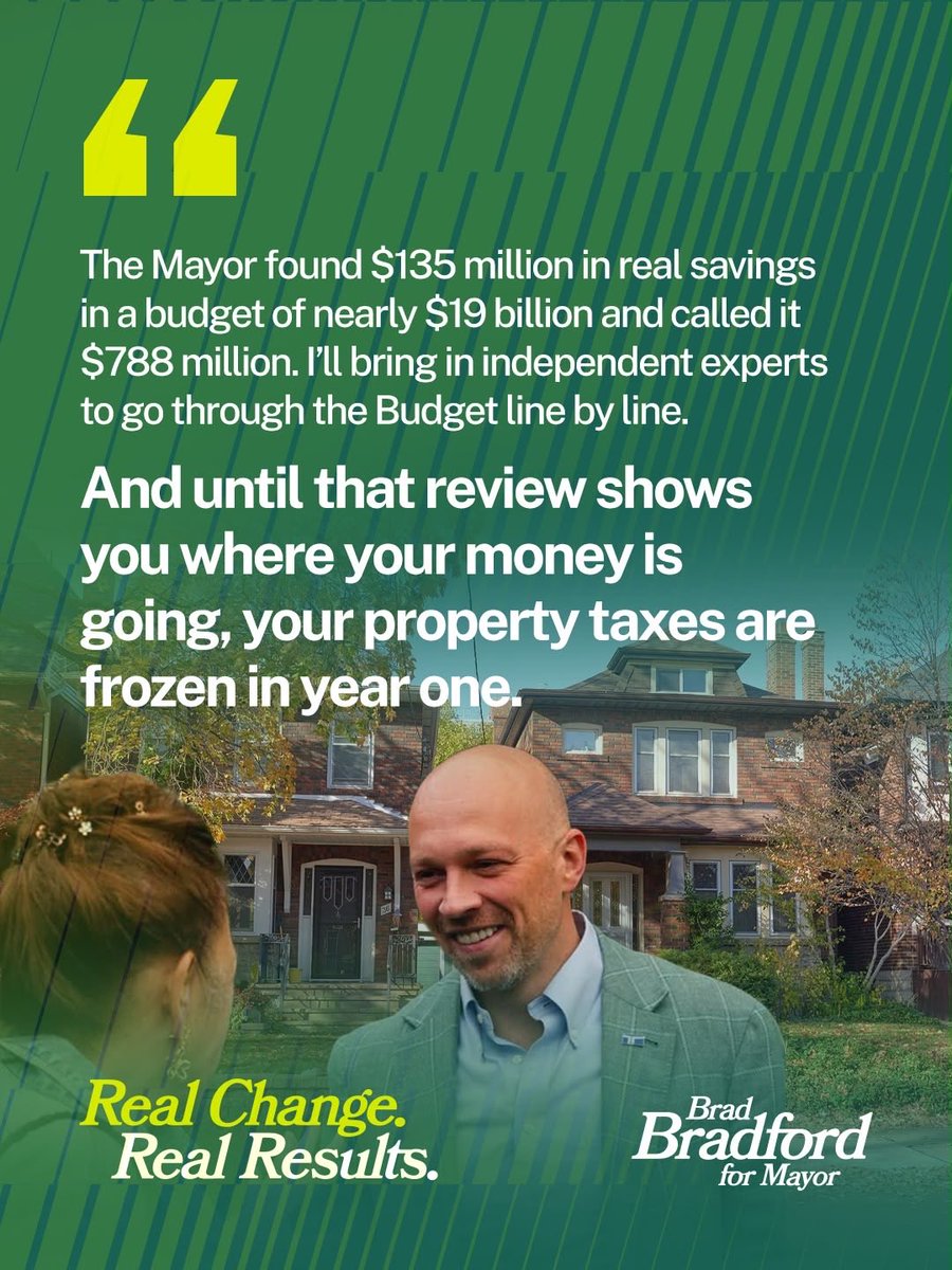 BradMBradford's tweet photo. Where did the money go? 

Mayor Chow claimed $788 million in “savings,” but the operating budget has grown by nearly $3 billion. Something doesn't add up. 

I’ll freeze property taxes in year one while independent experts review the budget line by line. 

Before City Hall asks you for more, let’s find out where your money is going.