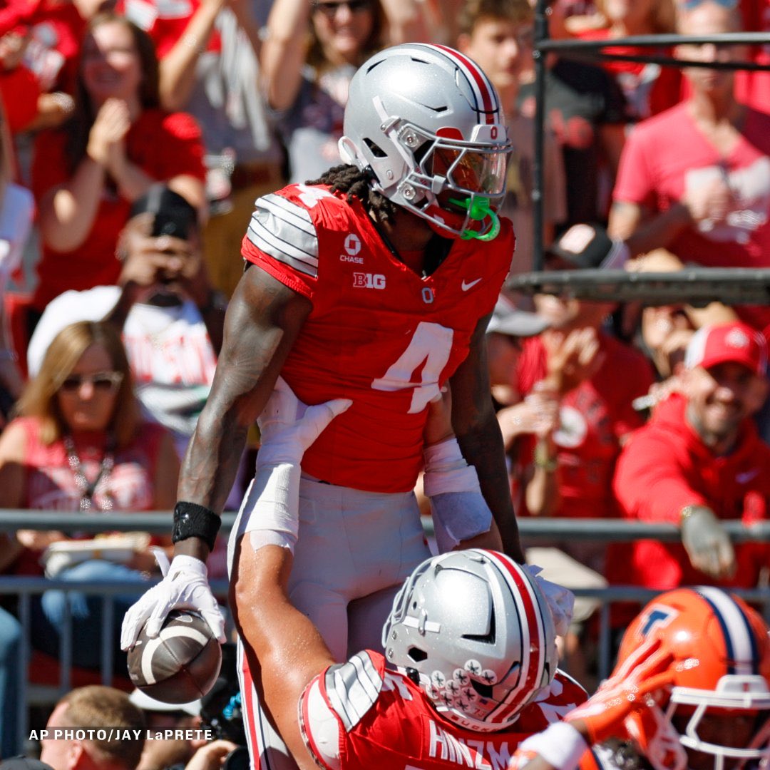 ThePlaySignal's tweet photo. Jeremiah Smith just had one of the craziest games of his Ohio State career.

12 receptions.
217 yards.
4 TDs.

He tied the Ohio State record for receiving touchdowns in a game.

And he’s now the first Buckeyes receiver ever to reach 3,000 career receiving yards.

He’s becoming impossible to ignore.
