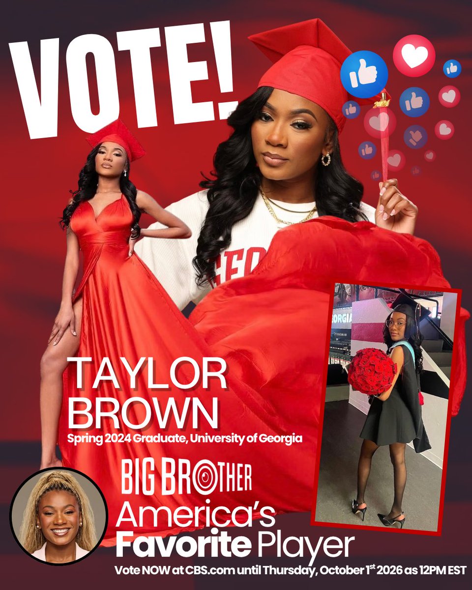 iamtaylorbrown's tweet photo. Calling all UGA BULLDOGS 🚨 Taylor Brown is a TOP 3 FINALIST for BB28 @bigbrothercbs, and she needs your votes for AFP! Go to https://t.co/6TOsPIK1s4 and cast your vote for Taylor— you can vote up to 15 times a day every day until Oct. 1st at Noon

#BB28 #BB28Taylor #TaylorforAFP https://t.co/jybSs5SOpX
