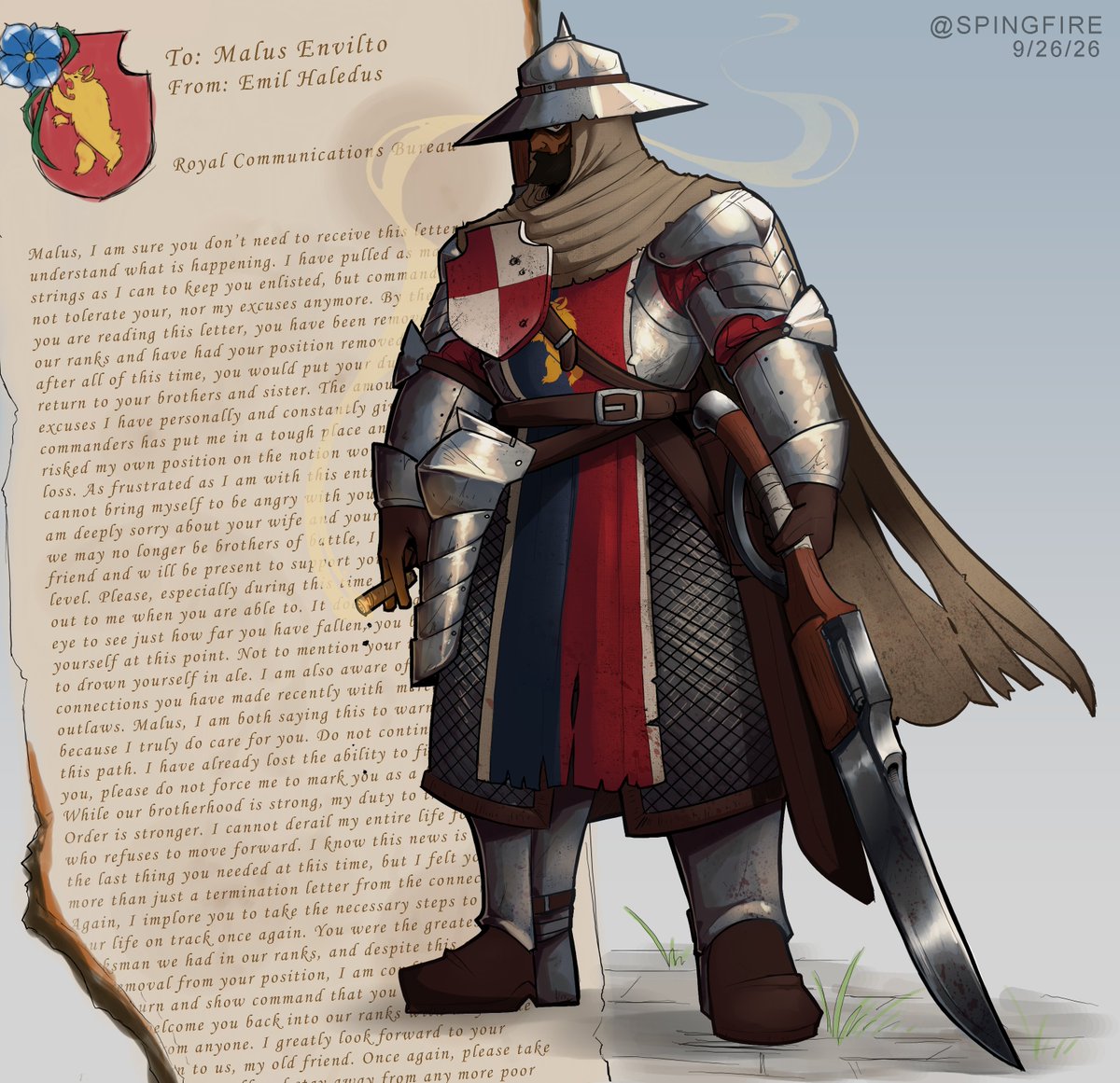 RealSPINGFIRE's tweet photo. Malus Envilto, the (former) rifleman instructor for The Horned Order 
Malus is the final deuteragonist in my story, Ripple Effect   
A jaded and miserable man who suffered the loss of both his wife and son in a targeted murder, dedicating himself to finding the ones behind it https://t.co/WM7NOehdgO