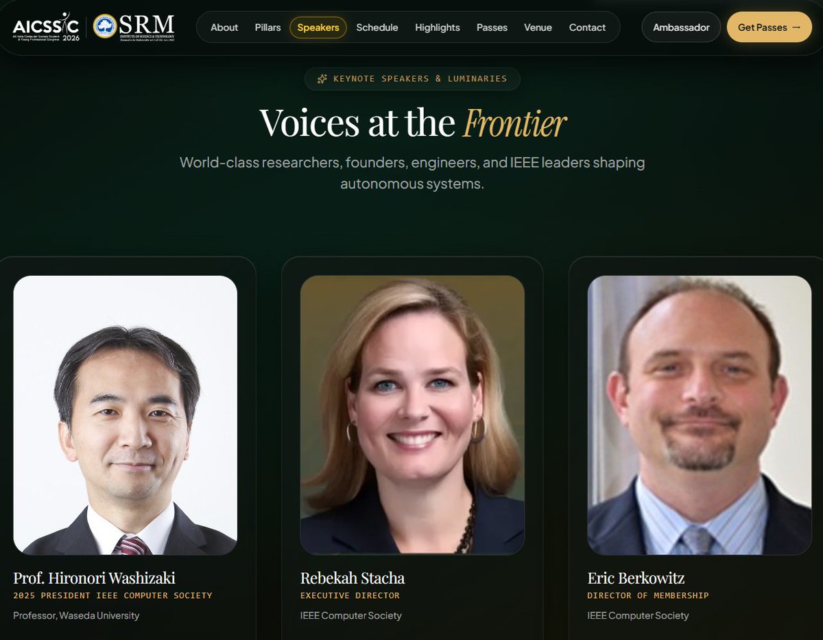 Hiro_Washi's tweet photo. I am thrilled to announce that I will join the #AICSSYC 2026: All India Computer Society Students & Young Professional Congress, to be hosted by SRM Institute of Science and Technology (#SRMIST), Chennai, India, October 8-12 (India’s Flagship SYP congress, sponsored by #IEEE @ComputerSociety Society SYP Sections/Chapters in India, MGA/SYP, as well as event sponsors Eqvento and Interview Buddy). https://t.co/fknCGzCUyQ
Last time, I joined #AICSSYC 2024, and it was an amazing experience meeting engaged, inspiring students and young professionals, as well as visionary mentors and delegates from our community. I am looking forward to this again!
The congress is organized by the chair and coordinators, Ushnish Ghosal, Atharv Dorle, Vishesh Jhabak, and Sumant Dash. Distinguished leaders and guests joining the congress include: Rebekah Stacha, Eric Berkowitz, Andrew Seely, Biswarup Ray, Mini Ulanat, Mohamed Rawidean Mohd Kassim, S. Koteeswaran, Dr. Himani Saini, Dr. Suceendran KM, Shivam Shivam, Utkarsh Siddharth, Nikky Kumar Jha, Sarun Natarajan, Balaji Palanidurai.
IEEE Computer Society IEEE Computer Society SYP IEEE Computer Society SRMIST