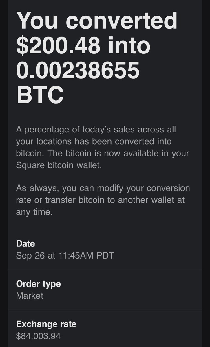 PhaedrusScroll's tweet photo. If you don’t use @Square and convert 50% of your daily sales then how dare you. Easiest way to stack. Sometimes I forget I do it until I see the email. bitcoin:native will always be my soul mate. And base:0x3ec2156d4c0a9cbdab4a016633b7bcf6a8d68ea2 my life partner. https://t.co/9d6rT4hUeq