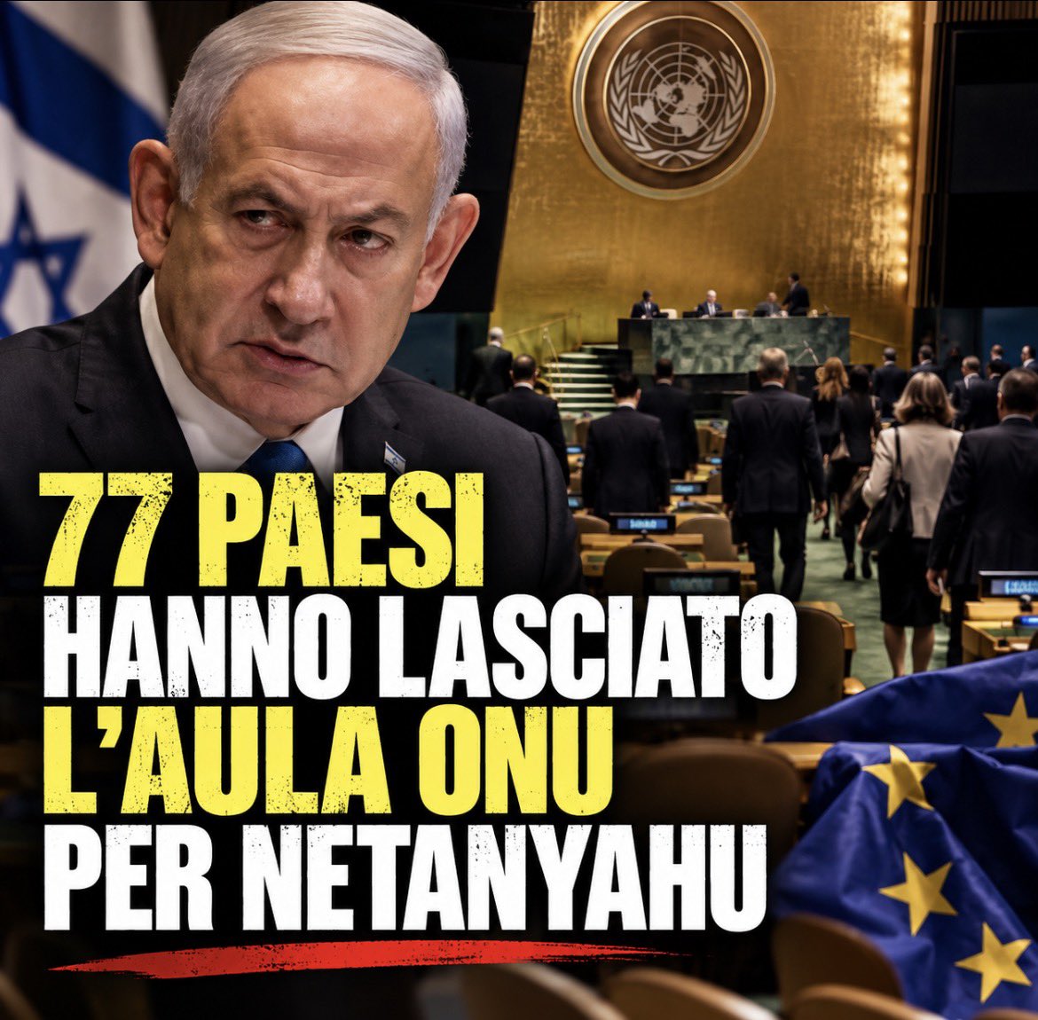 FrenkieWoody's tweet photo. 77 Paesi hanno chiesto alle proprie delegazioni di lasciare l’aula dell’Assemblea Generale ONU all’ingresso dell’assassino Netanyahu.

Dall’Europa solo: Macedonia del Nord, San Marino, Slovenia, Bosnia, Irlanda e Spagna.

Incancellabile vergogna per il resto dei Paesi europei. Italia in testa.