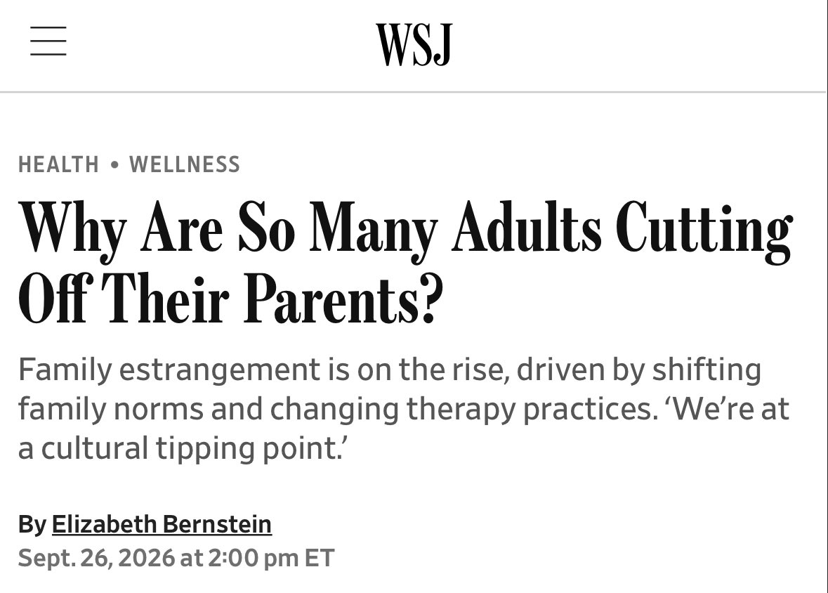 sfmcguire79's tweet photo. Well, this is sad and terrible:

“Many experts believe that estrangements between adult children and their parents are becoming an epidemic in the U.S.”

“Psychologists say young adults’ definition of harmful parental behavior is changing.”

They “consider ordinary conflict to be much worse than it once was” and “have a much broader definition than their elders of psychological harm.”

“Many now view repeated criticism, strong disagreements and other painful relationship conflicts as abusive.”

“In their minds, they see themselves as more enlightened and therefore more justified to cut off for more reasons.”