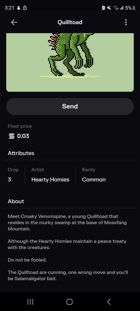 aliend08's tweet photo. Meet Croaky Venomspine 🐸☠️
Hearty Homies — Drop 3
Rarity: Common

💰 Asking: 0.05 SOL
🔥 Open to reasonable offers
🌐 Solana NFT

DM me if interested.
#Solana #NFT #SolanaNFT #NFTCommunity #HeartyHomies #Web3 #Crypto #NFTForSale https://t.co/GPDeZSLgFu