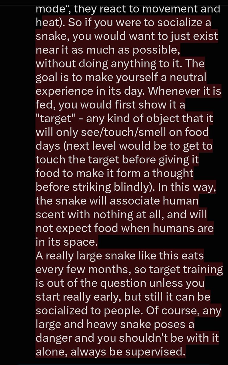 gremlinngremlin's tweet photo. @pileofbuttonz @heavenlykore If a person only interacts with the snake to feed it, the snake will start associating people with receiving food (it doesn't matter whether it actually can eat a person, snakes do not know what they are striking at when their brain is in "food mode", they react to movement and > https://t.co/6gUecfSs2L