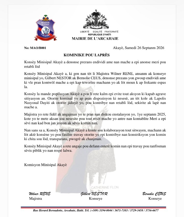 douvanjouenfo's tweet photo. Konsèy Minisipal Akayè a denonse prezans yon gwoup nèg ak zam nan mache a, ki vle pran kontwòl espas la epi teworize machann yo ak popilasyon an. Otorite kominal yo mande kalm epi anonse dispozisyon, nan tèt kole ak PNH ak otorite jidisyè yo, pou retabli lòd, sekirite ak lapè. https://t.co/iDbwi2BTSm