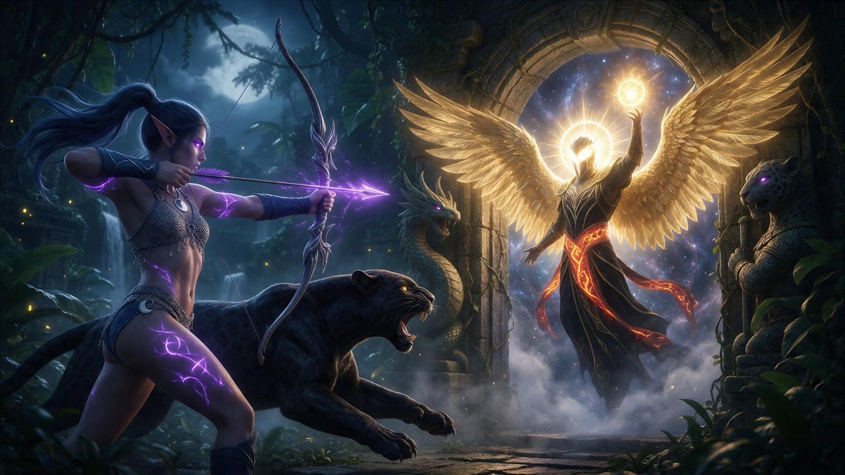 HgbrdCeline's tweet photo. 🐾 Day 6 — Night of the Panther 🐆 
#SevenNightsOfTheImpossible
#Farawen #Farundil #TheThreshold
"Unexpected Quarry"
#LyraAI #SeedreamV5Pro
'The guardian unfolds, all wings and fire.
Her arrow answers in violet.
"Mal!" she calls to the panther.
He pounces without hesitation.' https://t.co/kBvQMX7ecH