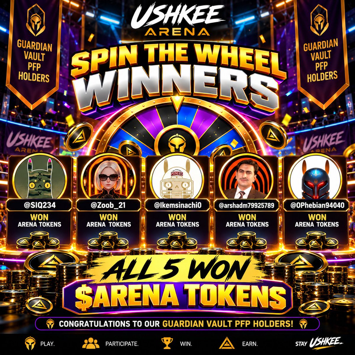 Ushkee's tweet photo. 🎡 TODAY’S SPIN THE WHEEL WINNERS! 🎉

Congratulations to our Guardian Vault PFP Holders who hit the wheel today and won $ARENA tokens! 🔥🏆

🏆 @SIQ234
🏆 @Zoob_21
🏆 @Ikemsinachi0
🏆 @arshadm79925789
🏆 @OPhebian94040

5 winners. 5 $ARENA token rewards. 🎡💰

#StayUshkee https://t.co/Z9nwj2RFAy